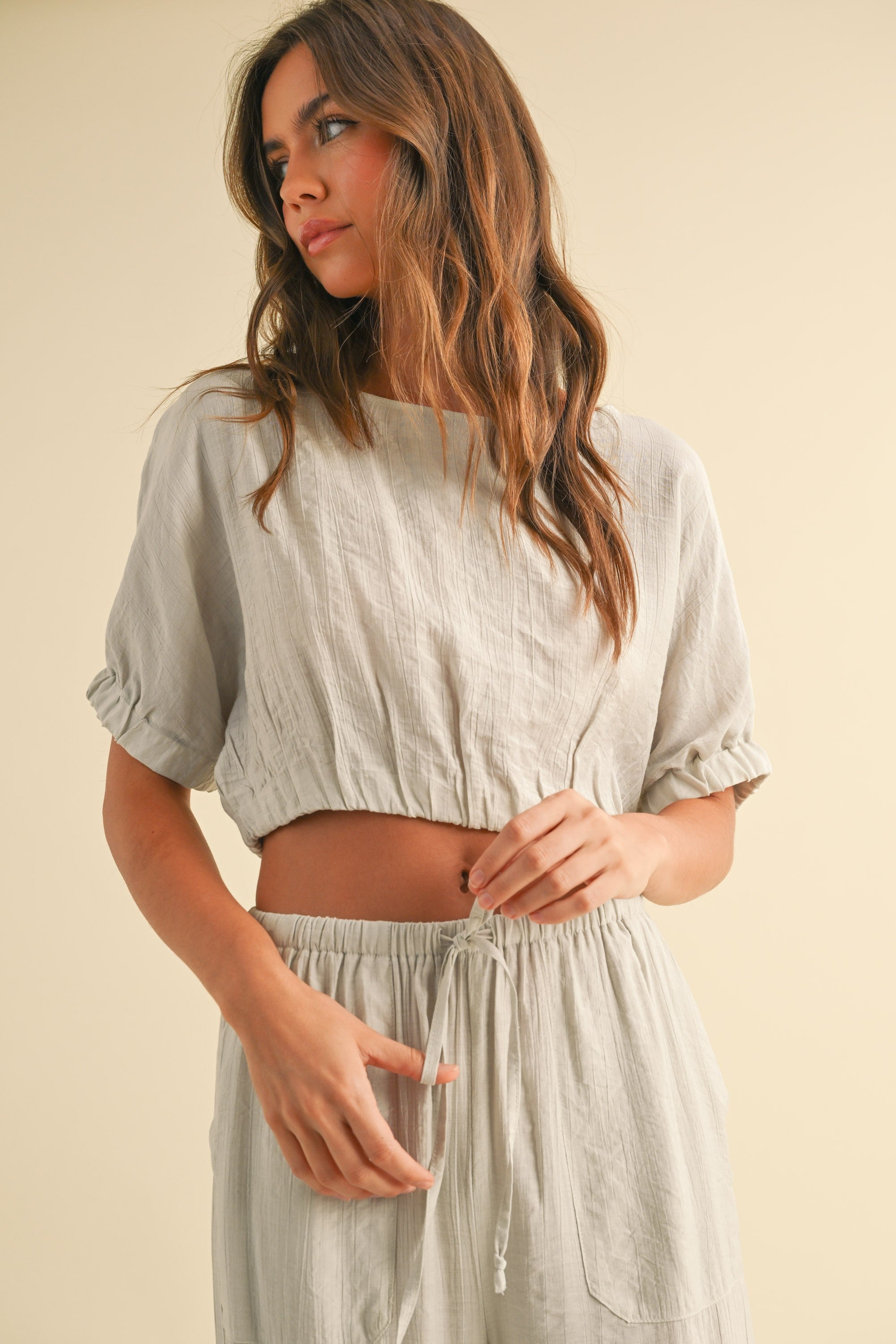Textured Fabric Top With Button Detail On Back