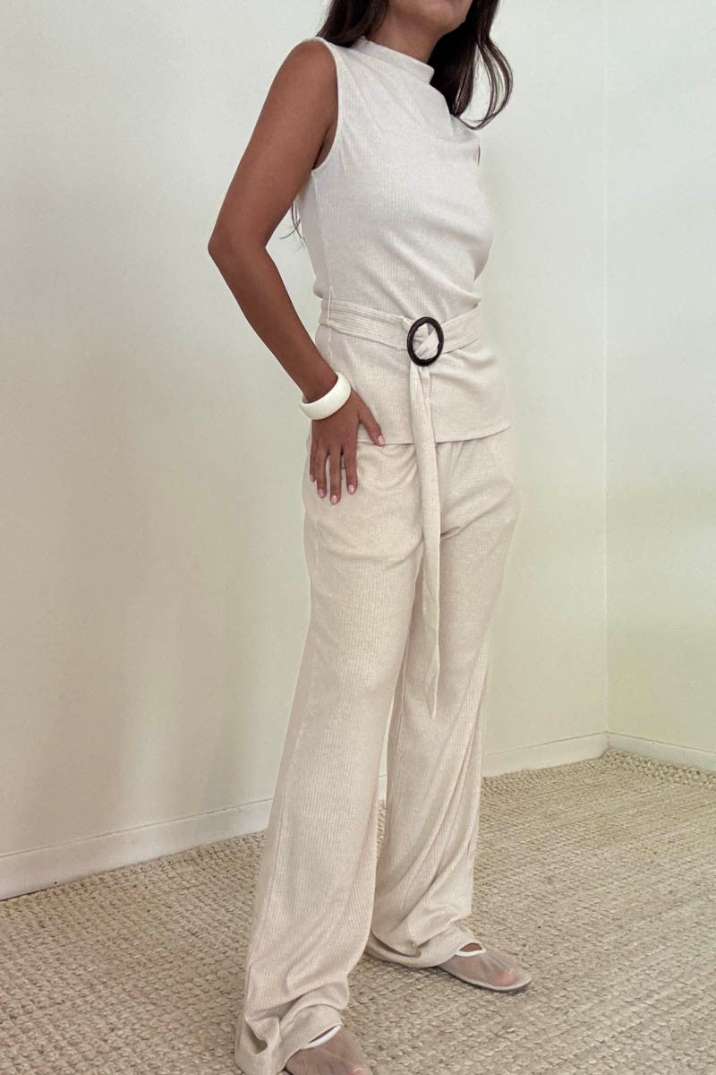 Knit Sleeveless Top W/ Waist Belt & Pants Sets
