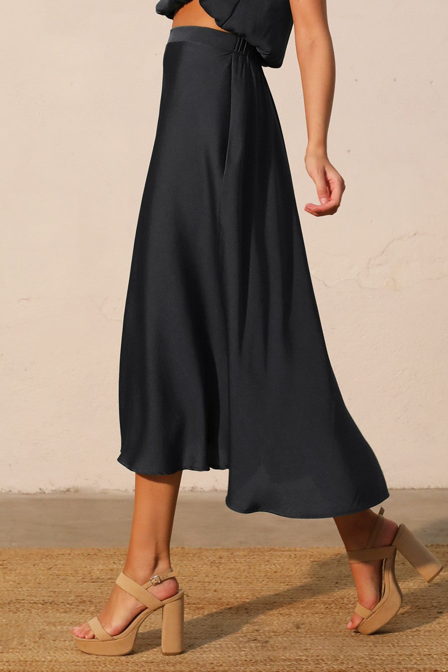 Poly Silk Midi Swing Skirt