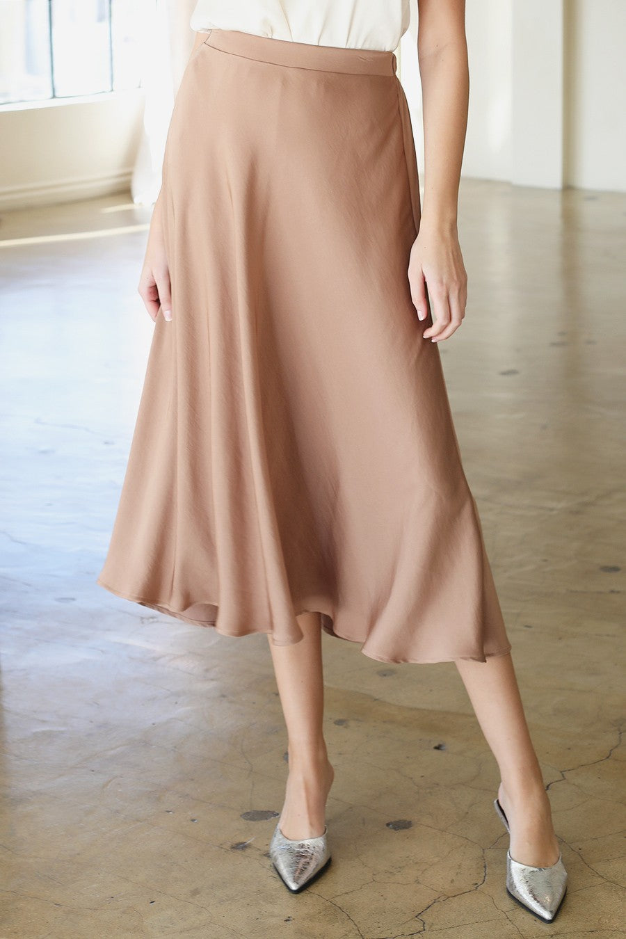 Poly Silk Midi Swing Skirt