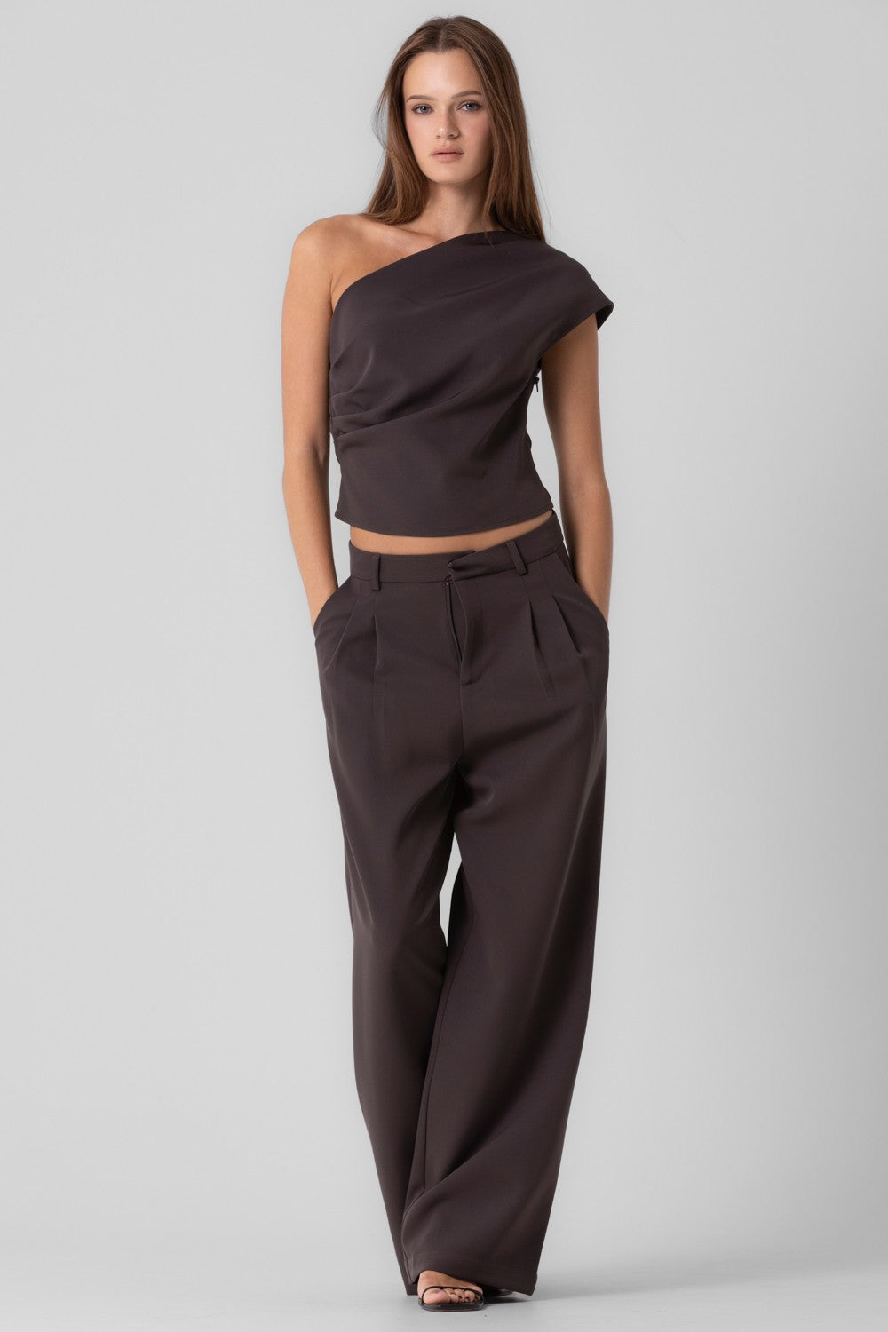 Pleated One Shoulder Top and Pants Set