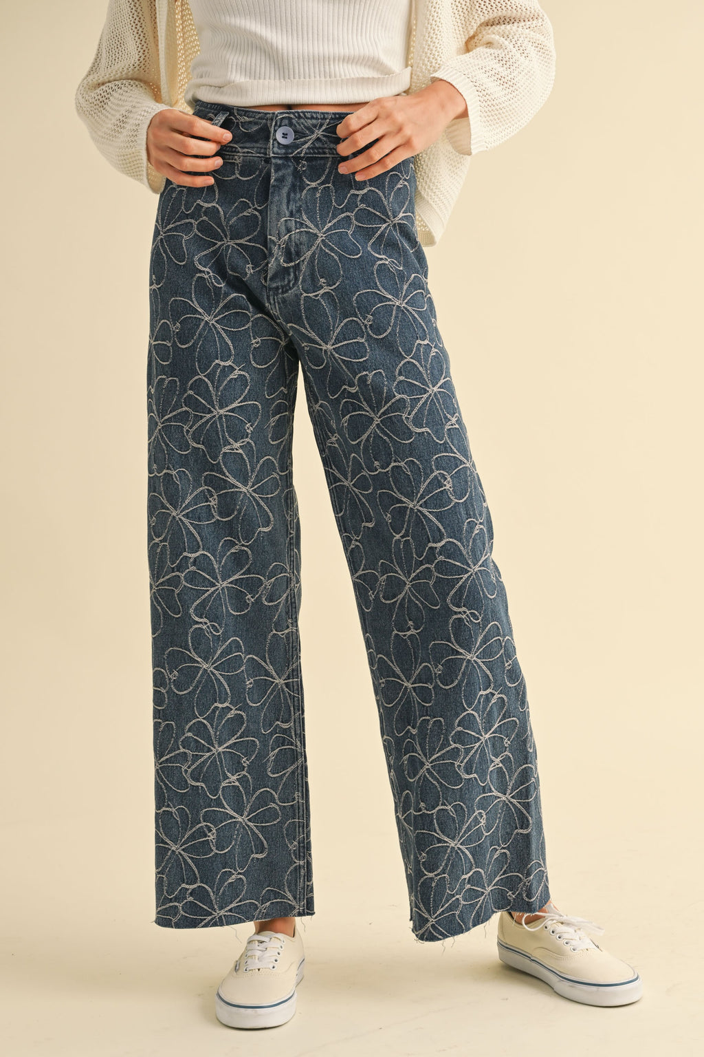Floral Stitch Pattern Denim Pants