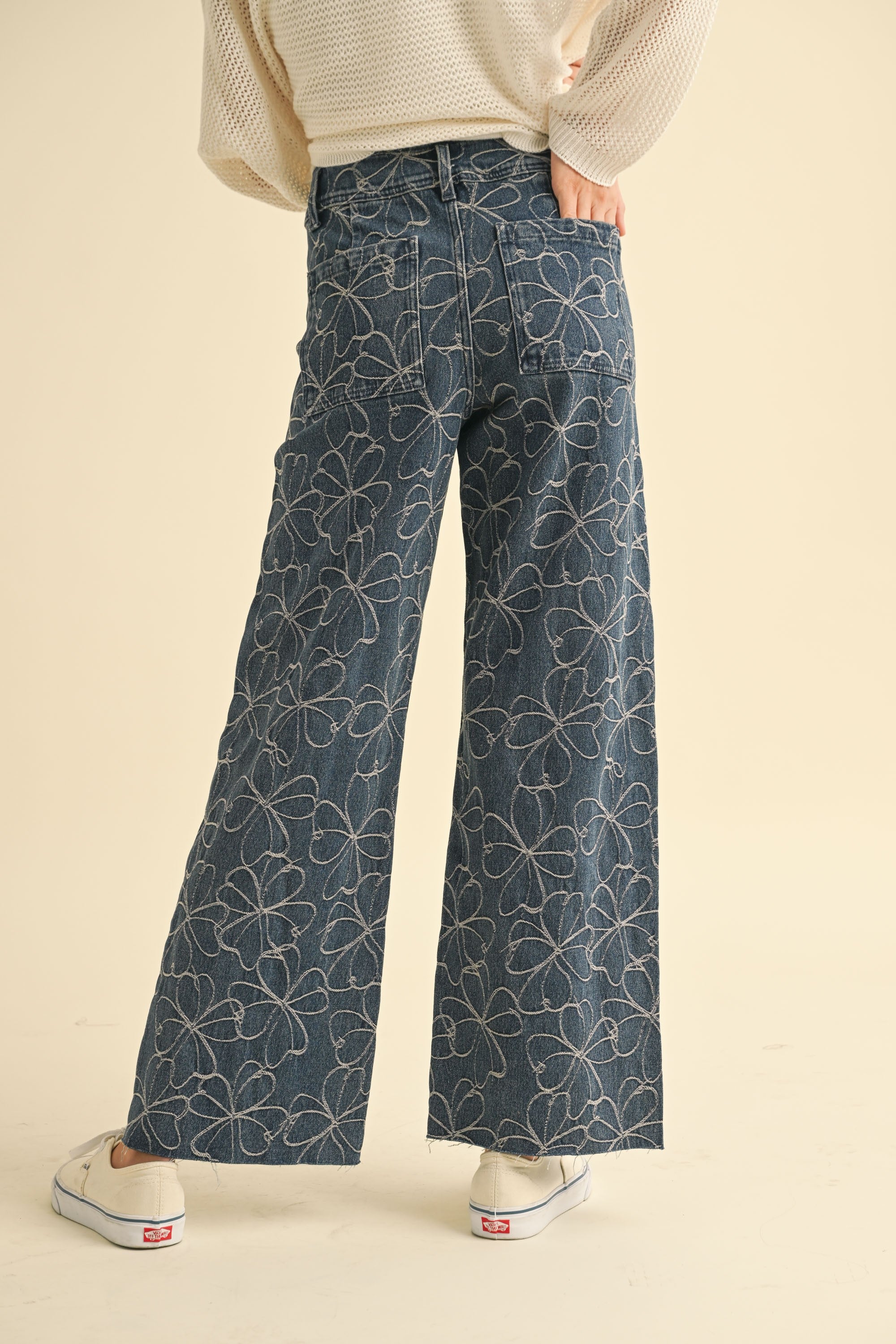 Floral Stitch Pattern Denim Pants