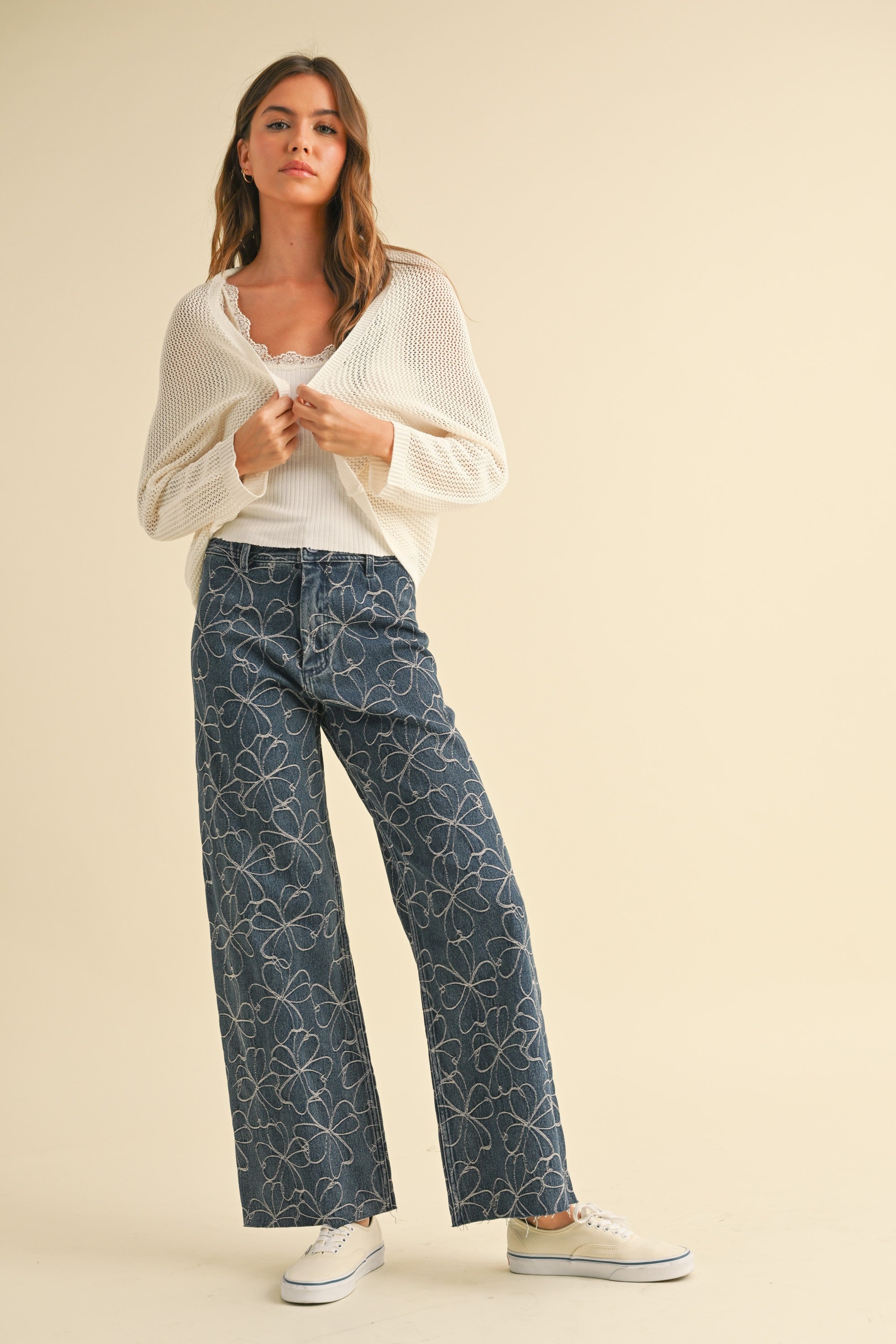 Floral Stitch Pattern Denim Pants