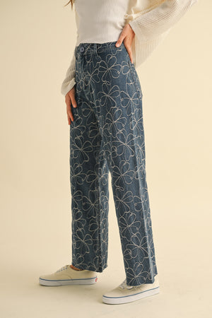 Floral Stitch Pattern Denim Pants