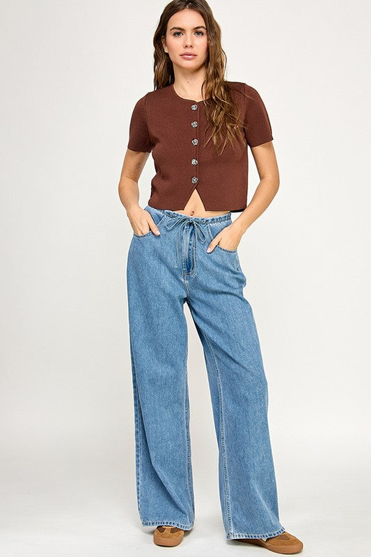 Cropped Button Down Short Sleeve Sweater