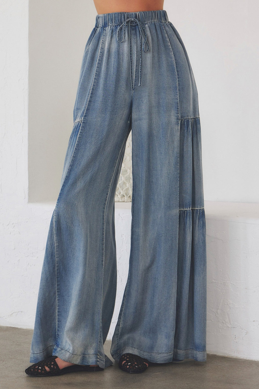 Ruffled Side Washed Denim Wide Pants
