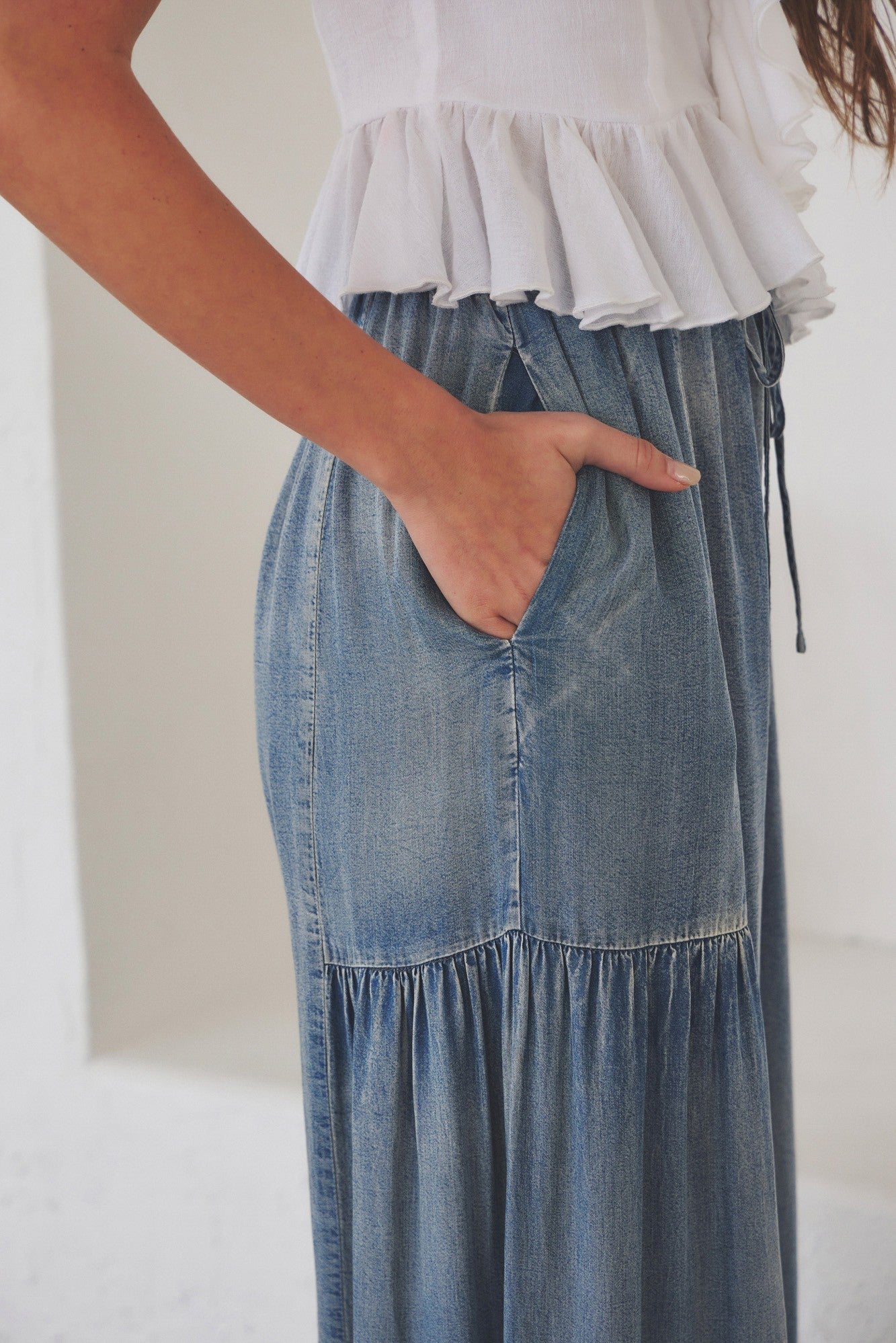 Ruffled Side Washed Denim Wide Pants