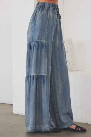 Ruffled Side Washed Denim Wide Pants
