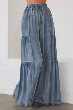 Ruffled Side Washed Denim Wide Pants