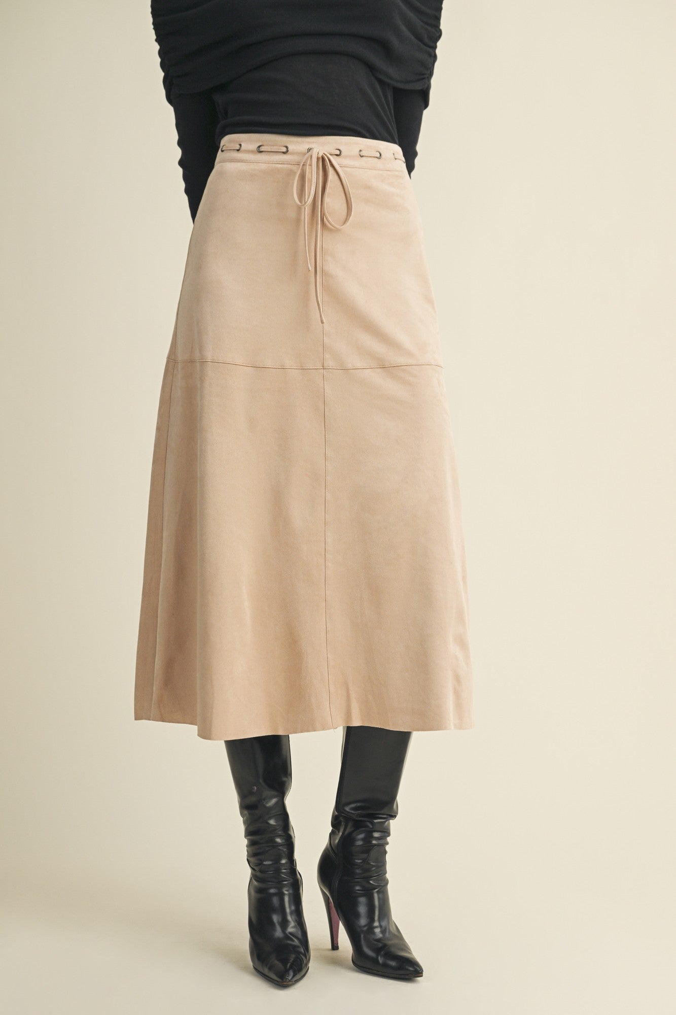 Drawstring Suede A-line Skirt