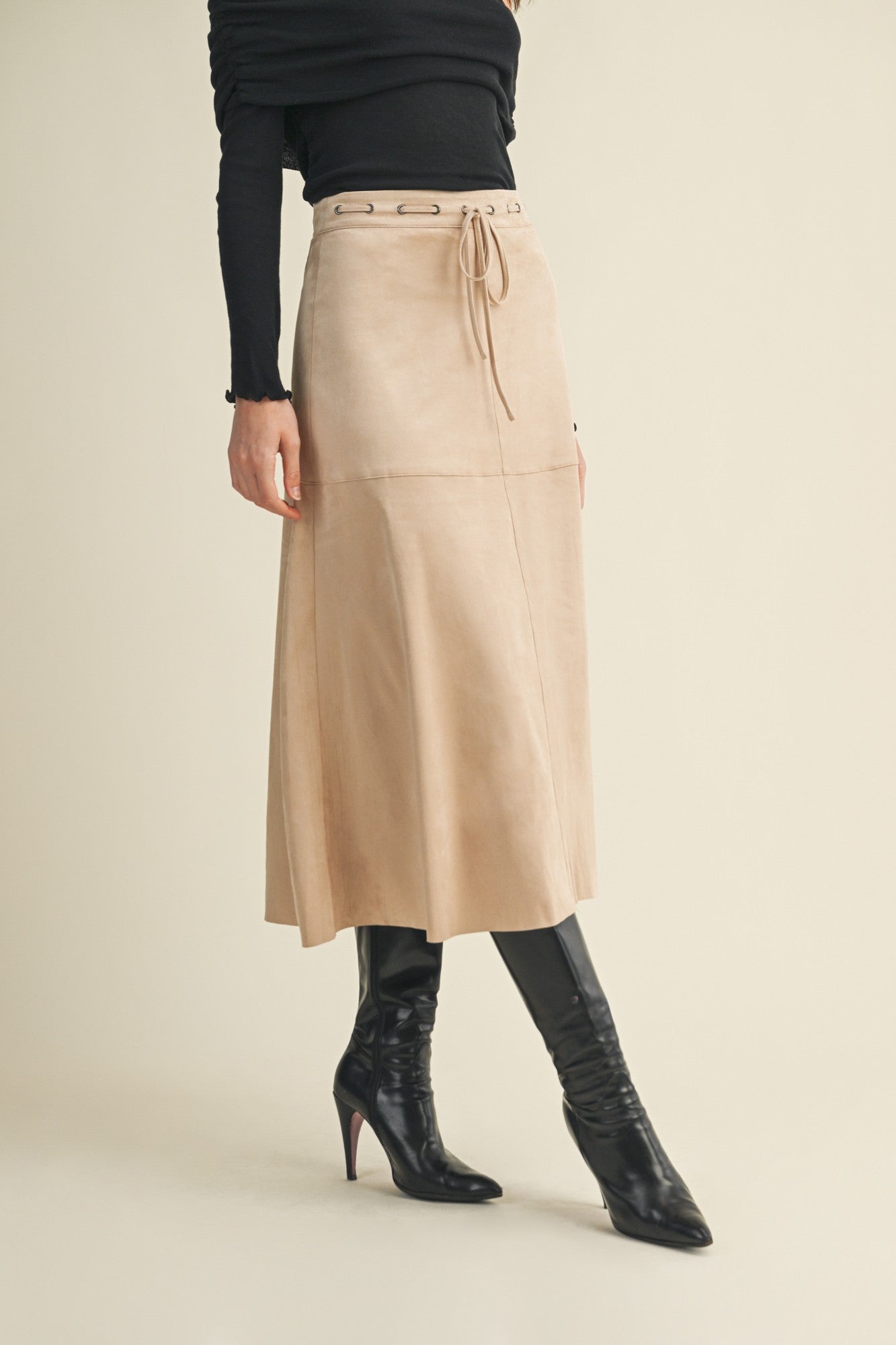 Drawstring Suede A-line Skirt