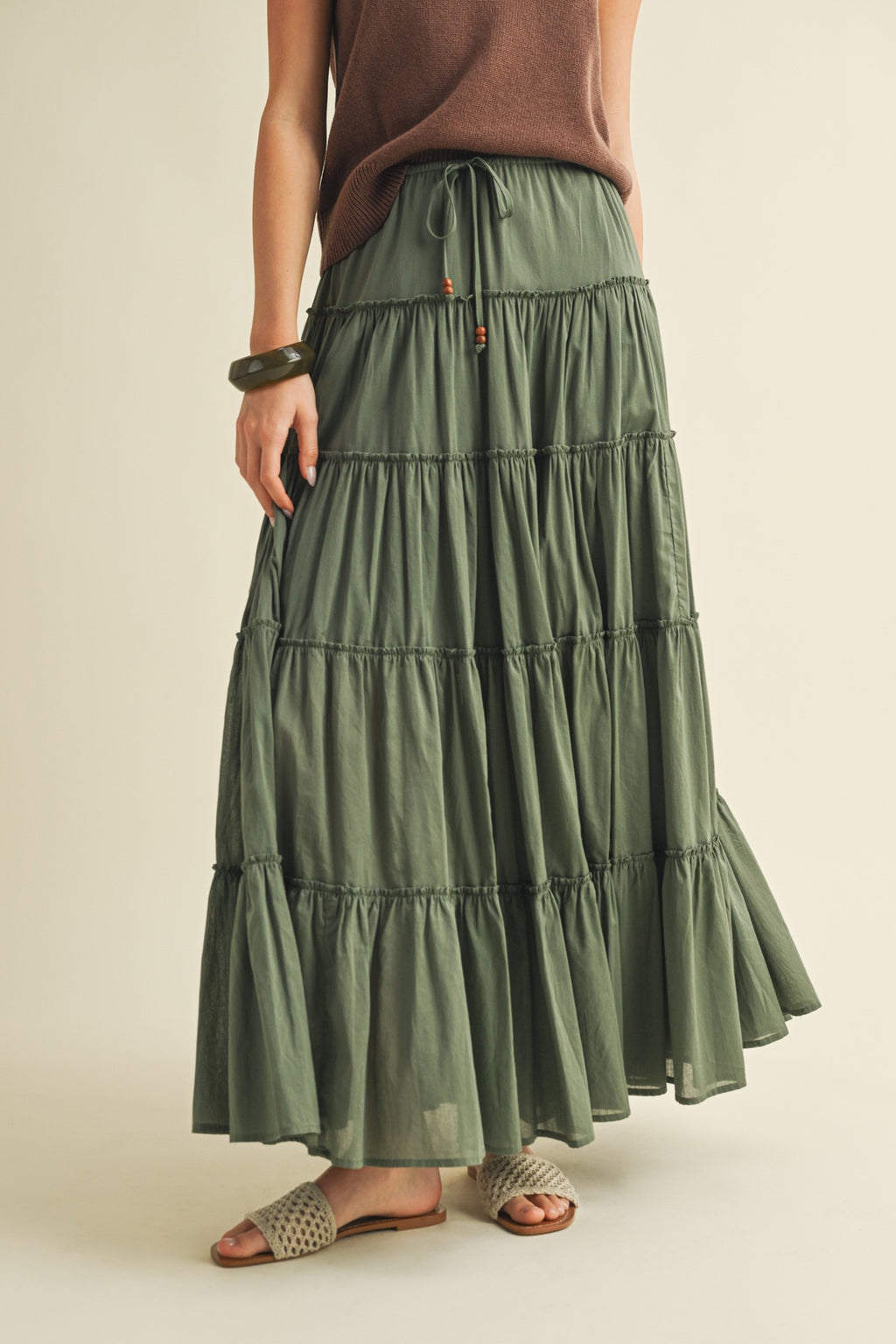 Drawstring Detail Tiered Maxi Skirt