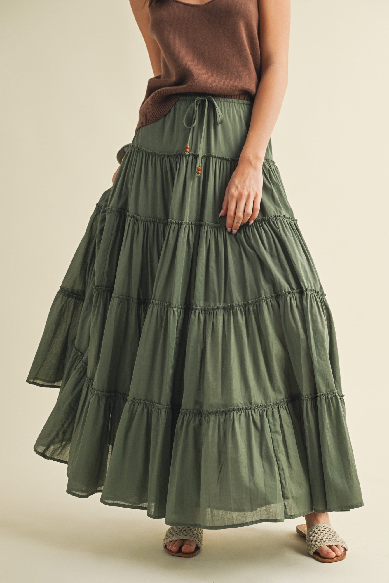Drawstring Detail Tiered Maxi Skirt