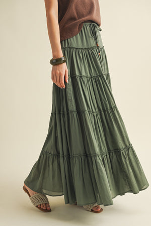 Drawstring Detail Tiered Maxi Skirt