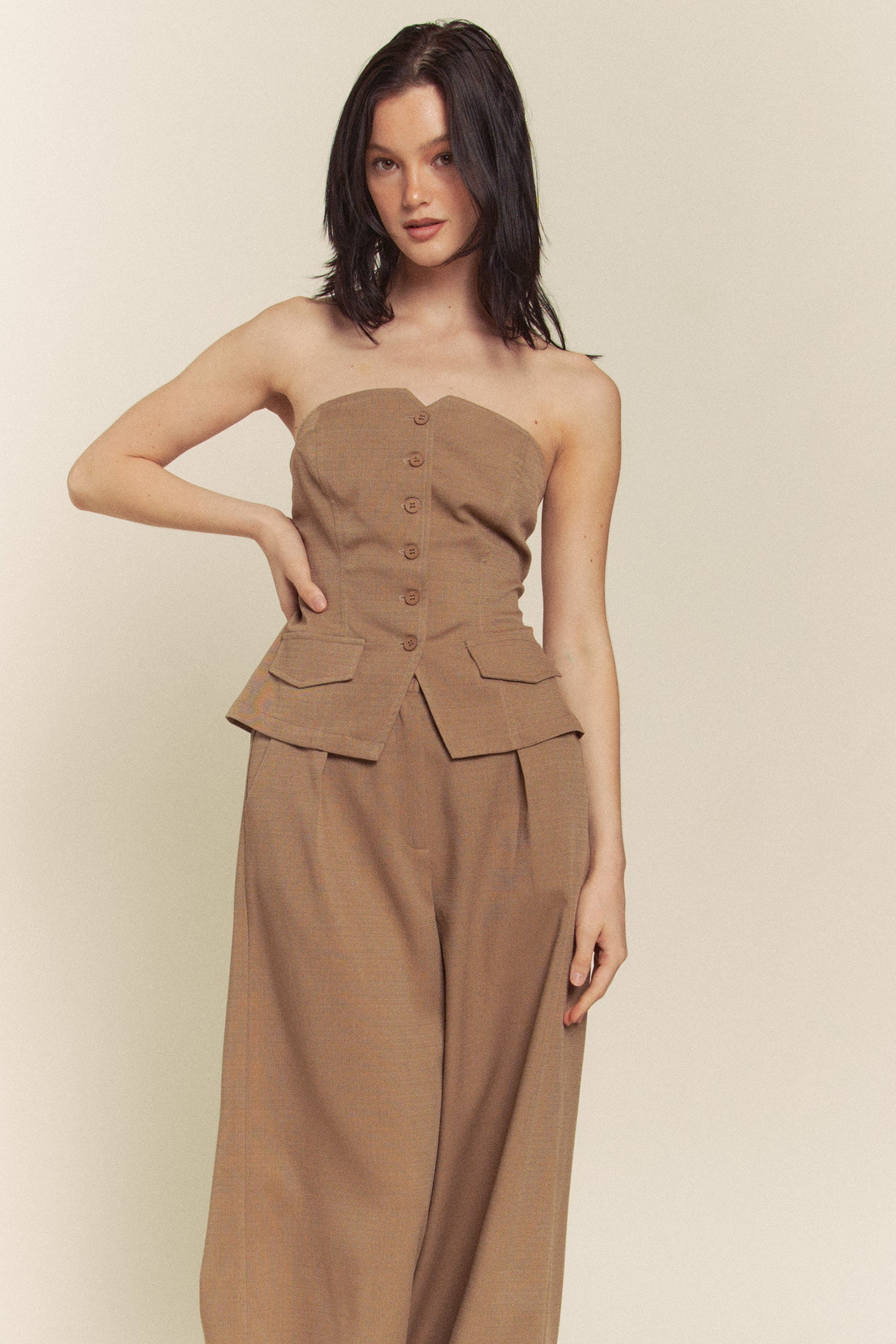 Linen Tube Button Down Vest With Pants Set