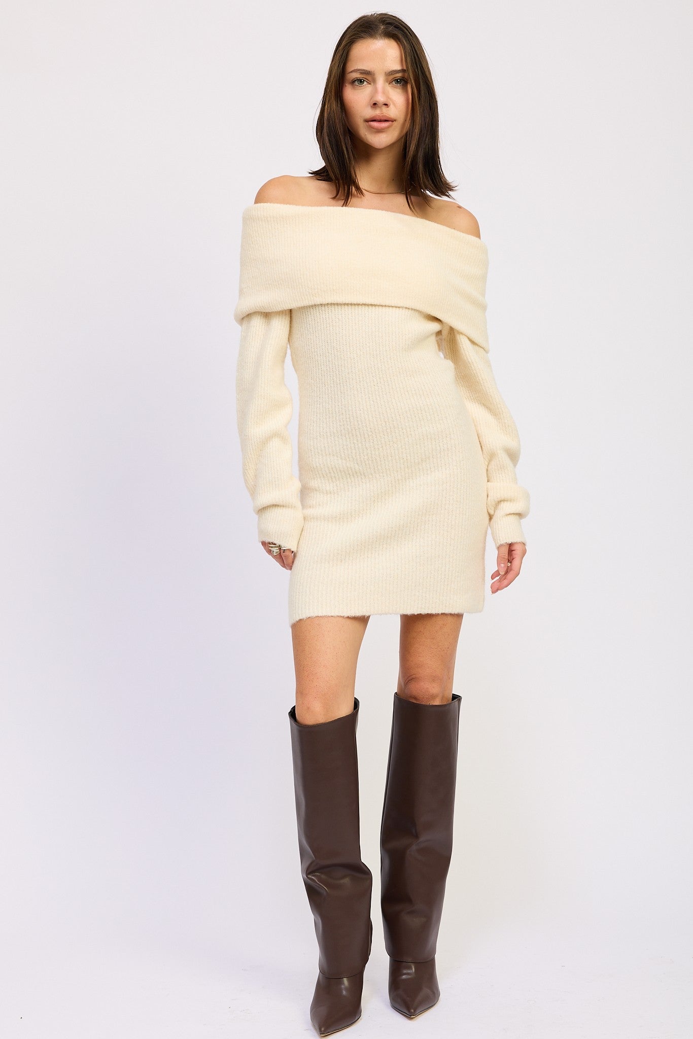 Long Sleeve Off Shoulder Mini Knit Dress