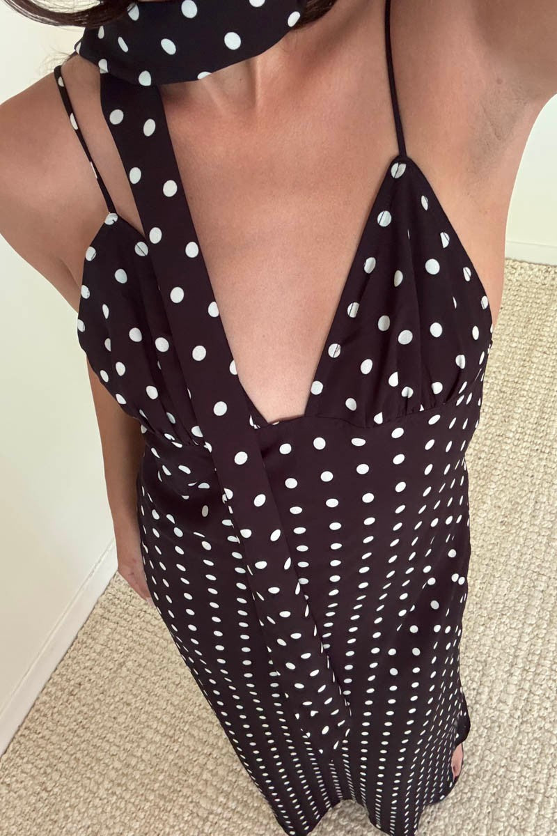 Polka Dot Chiffon Maxi Sleeveless Dress With Scarf