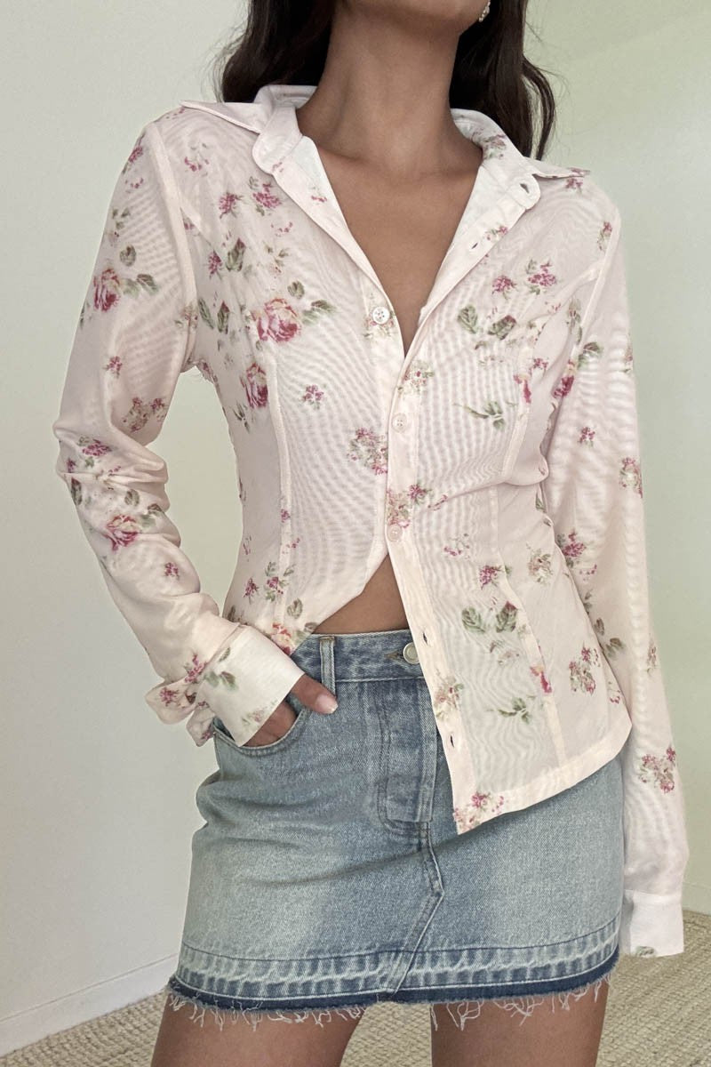 Floral Print Mesh Shirt Top
