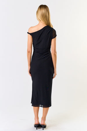 Asymmetric Twist Sleeve Mesh Midi Dress