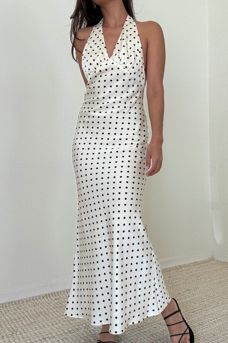 Polka Dot Satin Halter Neck Midi Dress
