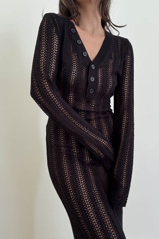 Knit V Neck Long Sleeve Cover Up Dress