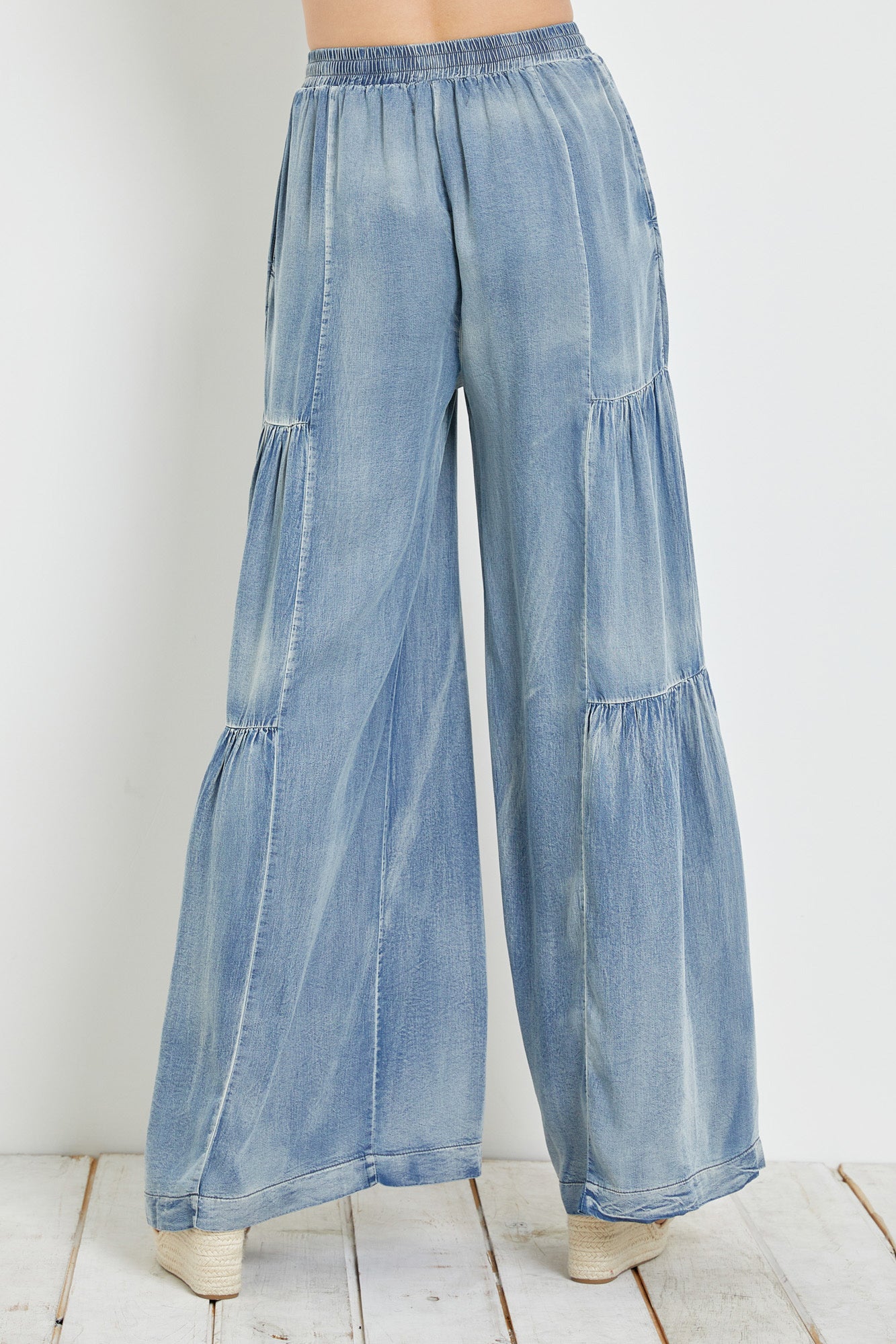 Ruffled Side Washed Denim Wide Pants