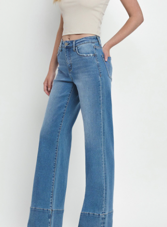 High Raise Raw Hem Wide Leg Jeans