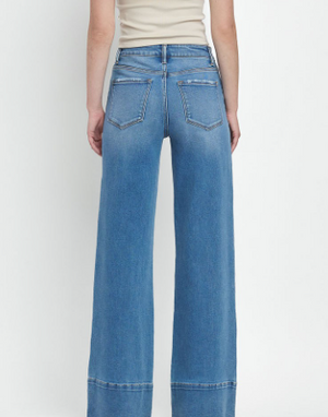 High Raise Raw Hem Wide Leg Jeans