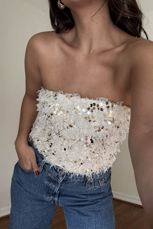 Sequin Frayed Sleeveless Bandeau Tube Top