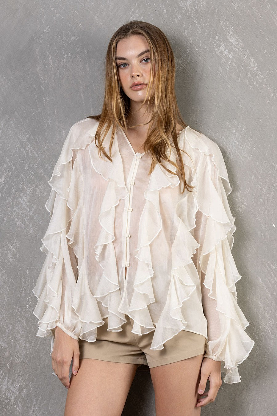 Chiffon Ruffle V-neck Blouse