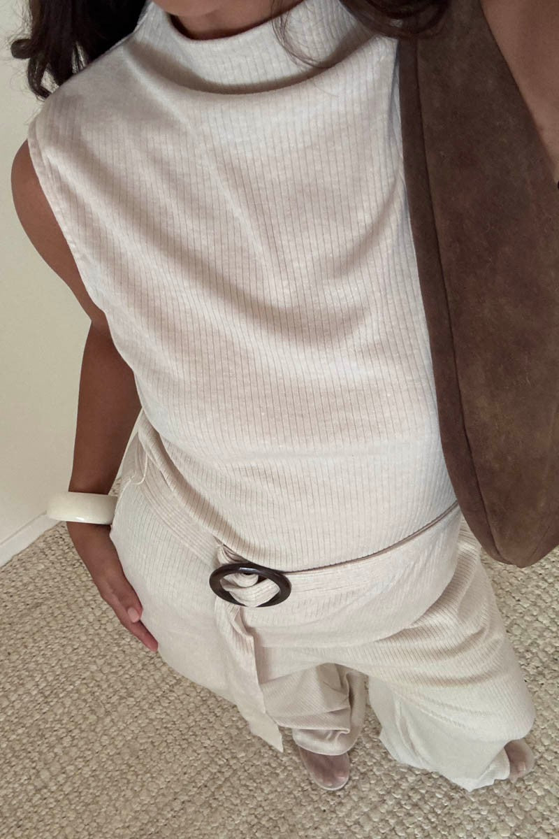 Knit Sleeveless Top W/ Waist Belt & Pants Sets
