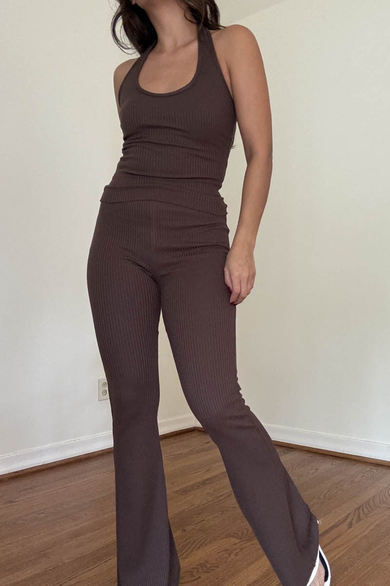 Brown Ribbed Halter Top & Pants Set