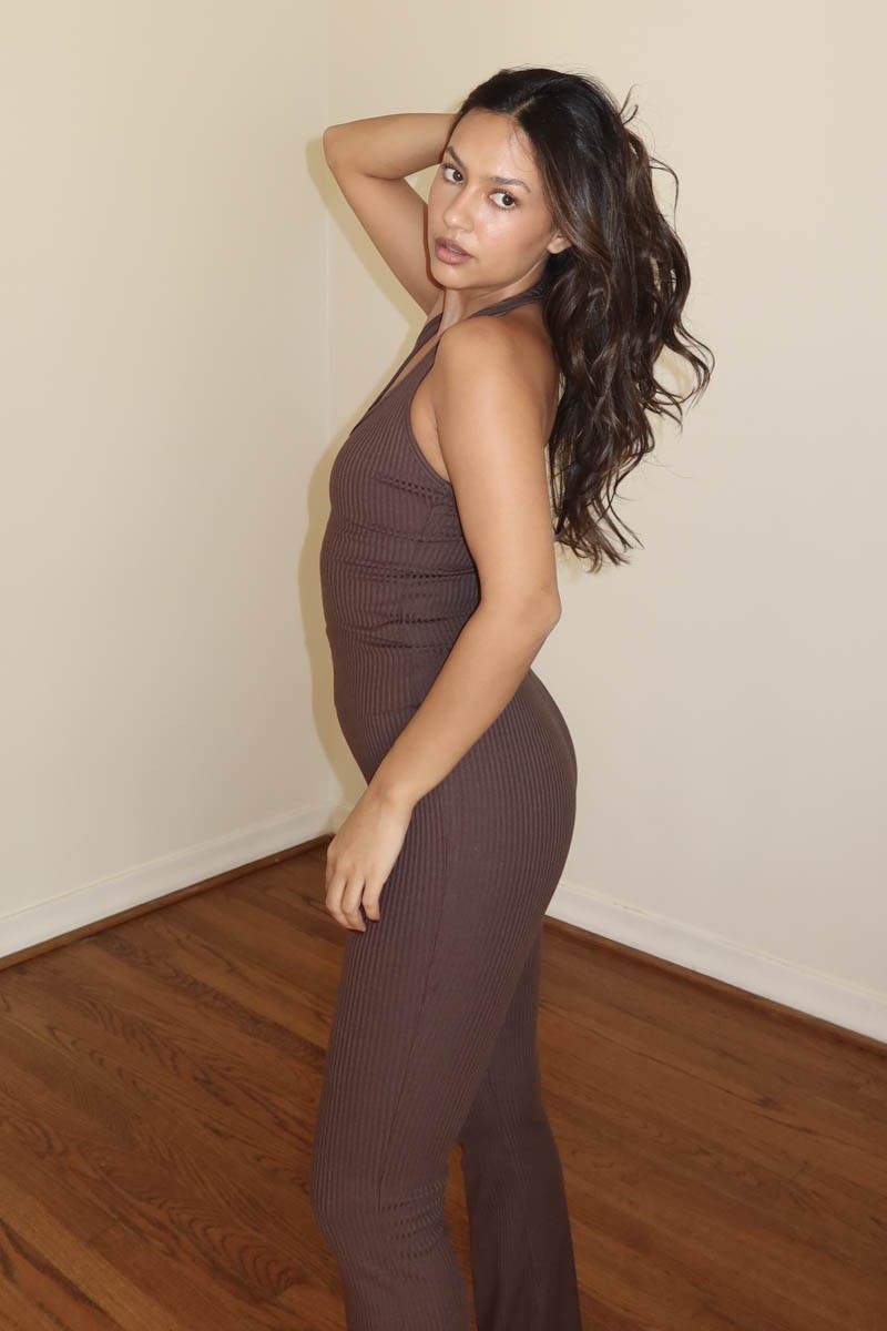 Brown Ribbed Halter Top & Pants Set