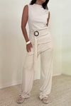 Knit Sleeveless Top W/ Waist Belt & Pants Sets