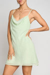 Draped Neck Bias Mini Dress With Inset Lace