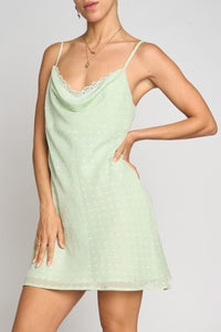 Draped Neck Bias Mini Dress With Inset Lace