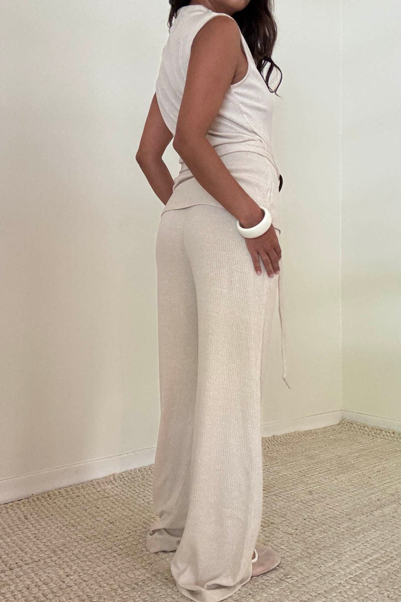 Knit Sleeveless Top W/ Waist Belt & Pants Sets