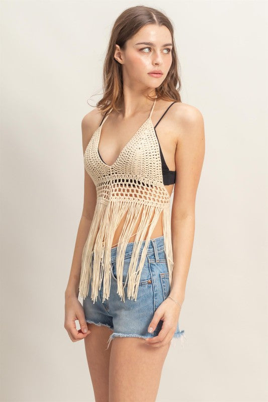 Halter Crochet Fringe Detail Coverup Top