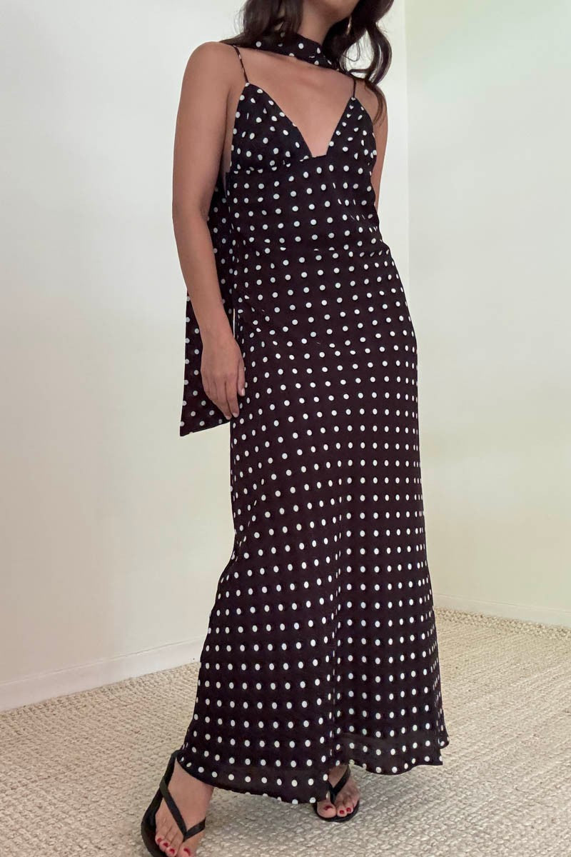 Polka Dot Chiffon Maxi Sleeveless Dress With Scarf