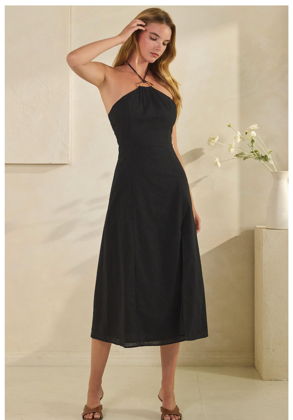 Halter Ring Detail Linen Dress